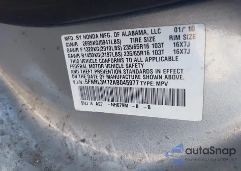 2010 Honda Odyssey Ex-L из США, поврежденный, VIN 5FNRL3H72AB045977